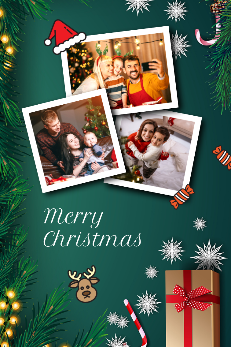 Christmas gift photo collage with stickers