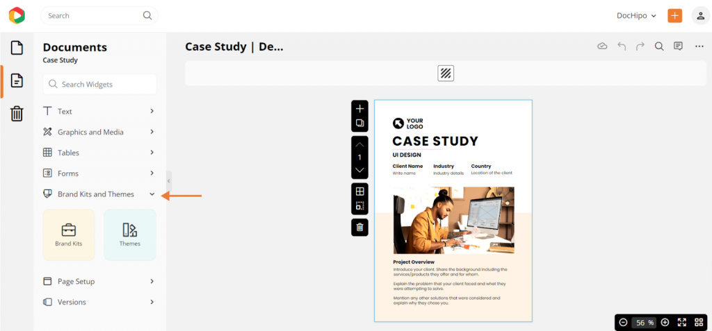 Design a case study with brand kits and themes