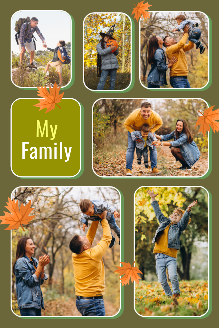 Family photo collage with autumn leaves