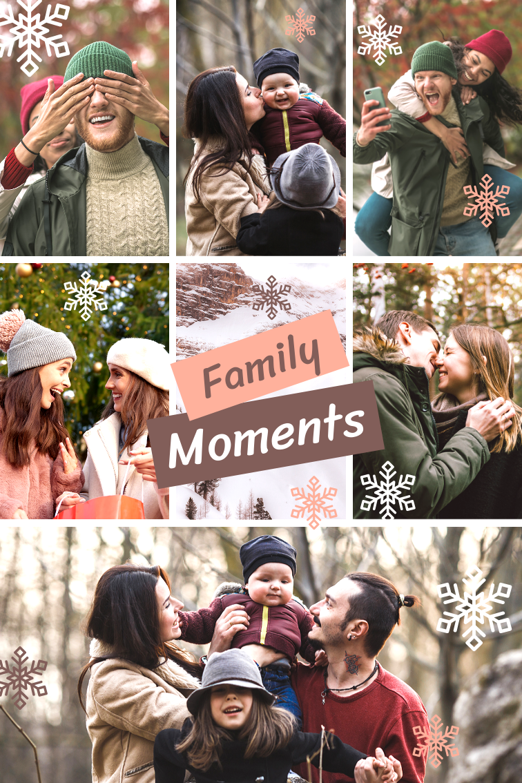 Family photo collage with winter magic