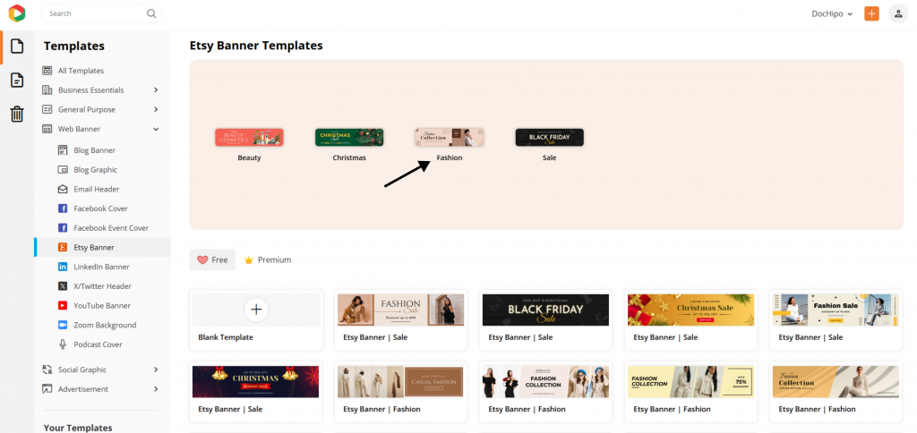 Choose the Fashion category in Etsy banners