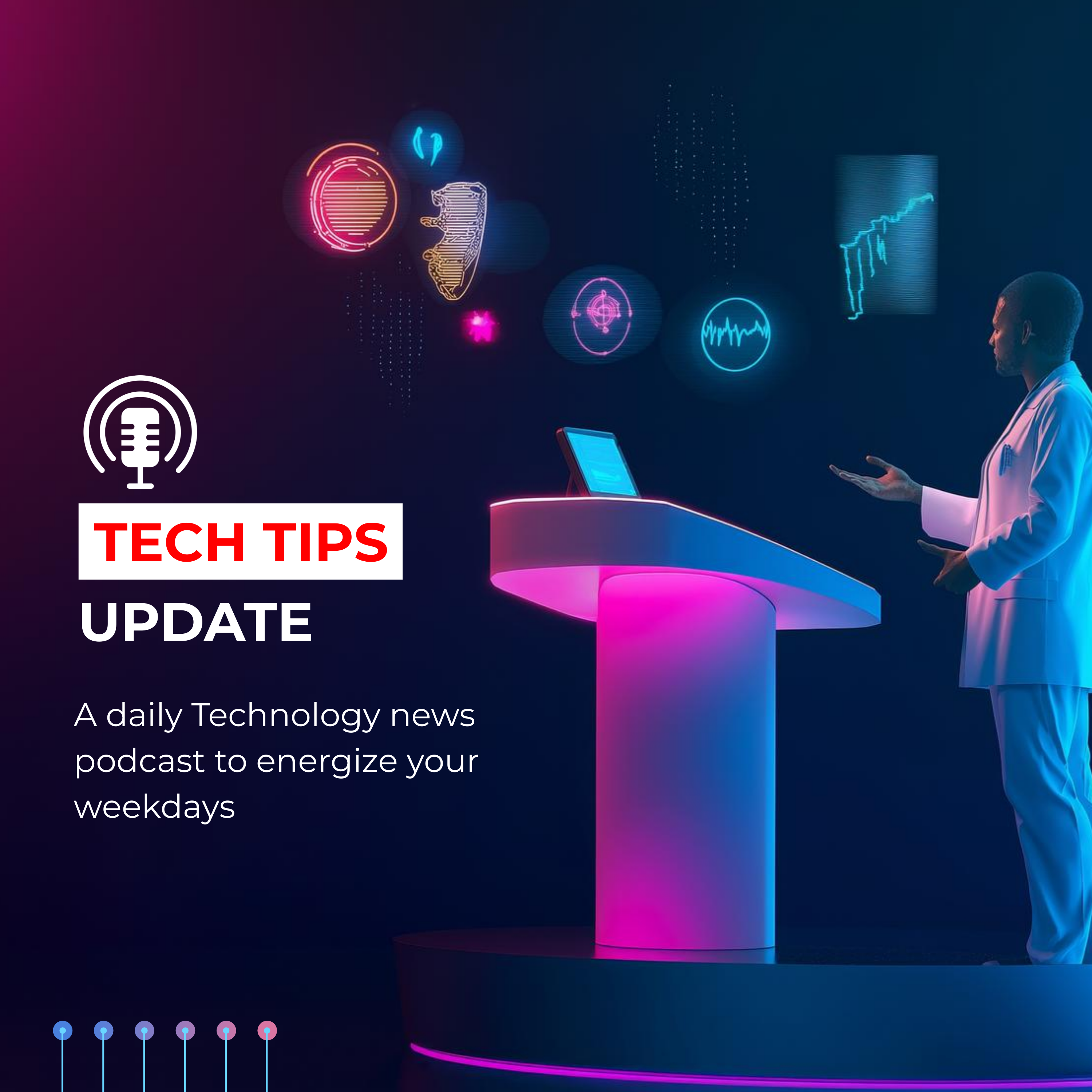 Tech podcast banner with futuristic graphics